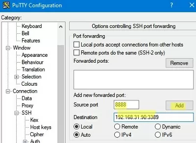create ssh tunnel forwarded port in putty