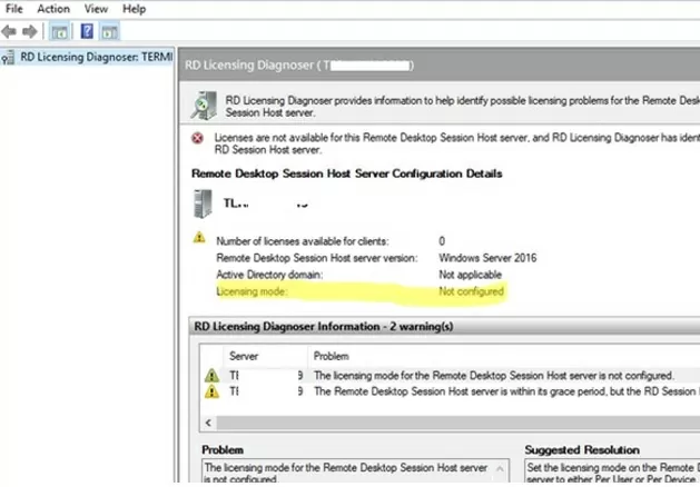 Remote Desktop Licensing Diagnoser: Licensing mode for the Remote Desktop Session Host is not configured