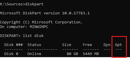 windows diskpart - get disk partition table gpt or mbr