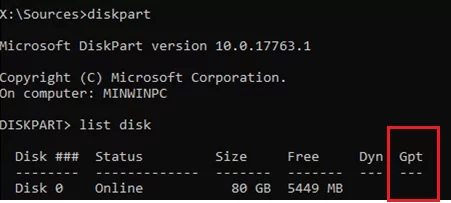 windows diskpart - get disk partition table gpt or mbr