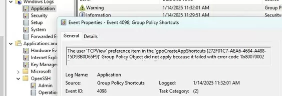 Group Policy Shortcuts processing events in Event Viewer