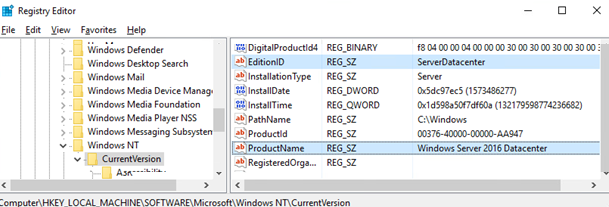 check the EditionID and ProductName on windows server datacenter