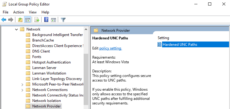 Hardened UNC Paths policy