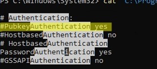 enable public key authetication in openssh on windows
