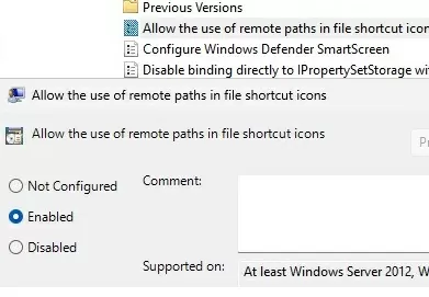 Enable GPO option: Allow the use of remote paths in file shortcut icons 