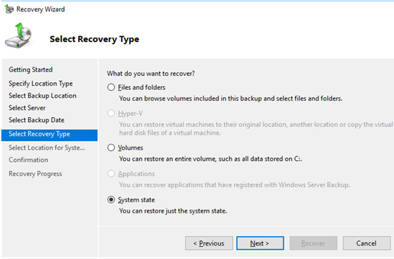 recover system state backup on active directory domain controller