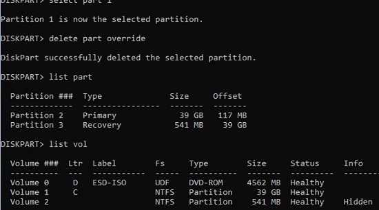 delete msr and efi partitions with diskpart
