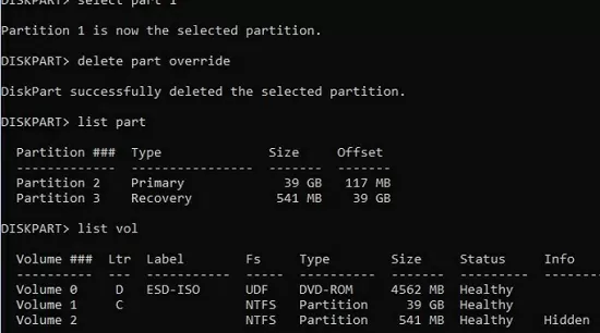 remove msr and efi partitions with diskpart