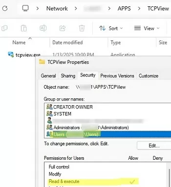 chech target executable ntfs permissions