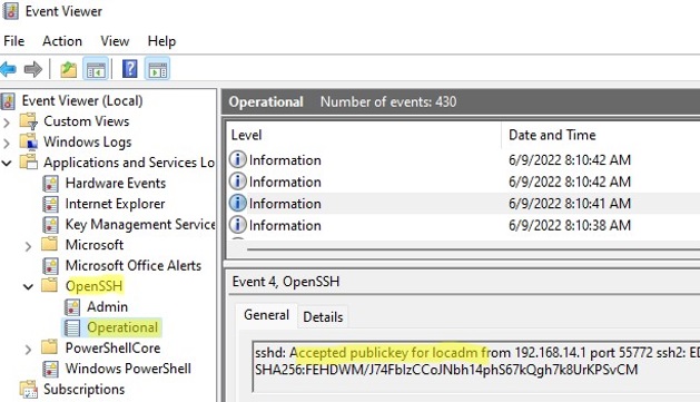 publickey based auth in event viewer on windows 11