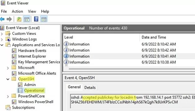publickey based auth in event viewer on windows 11