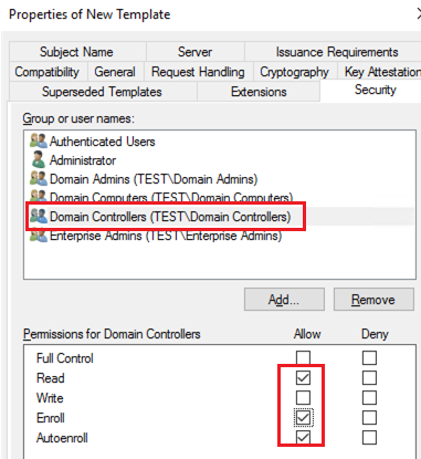 allow Enroll and Autoenroll certificates to Domain Controllers 