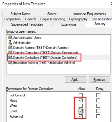 allow Enroll and Autoenroll certificates to Domain Controllers 