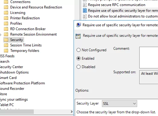 group policy parameter Require use of SSL security layer for remote (RDP) connections 
