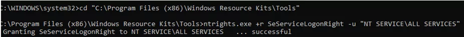 ntrights.exe SeServiceLogonRight to NT SERVICE\ALL SERVICES 