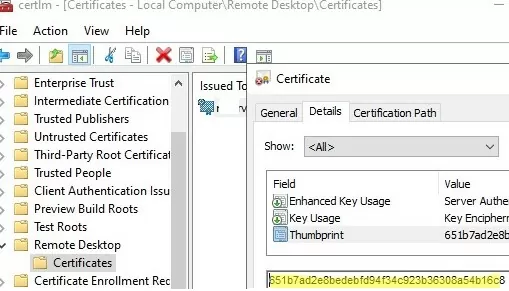 View RDP certificate properties