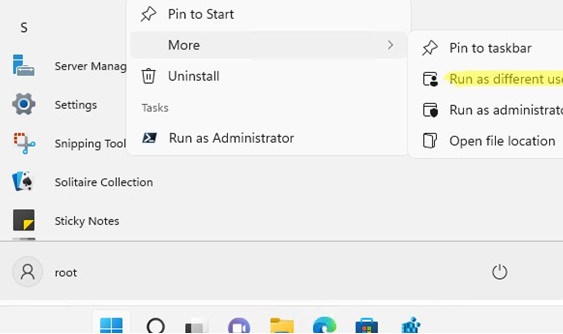 windows 11 start menu item to runas another user
