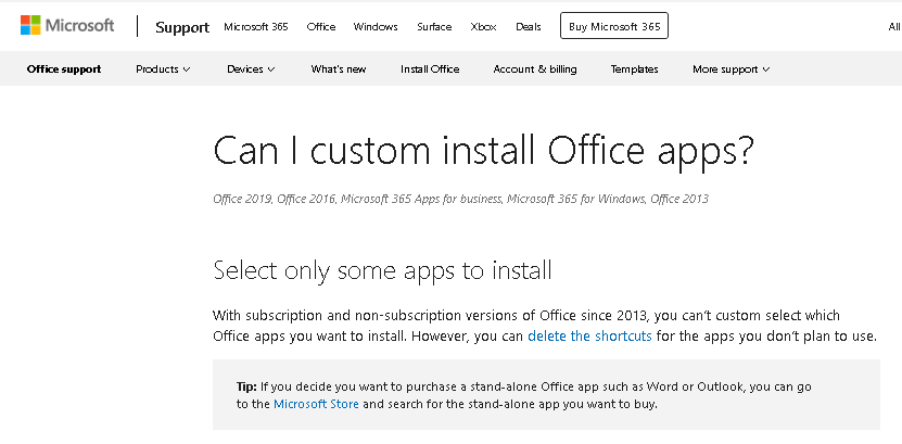 Custom install or change Microsoft Office apps