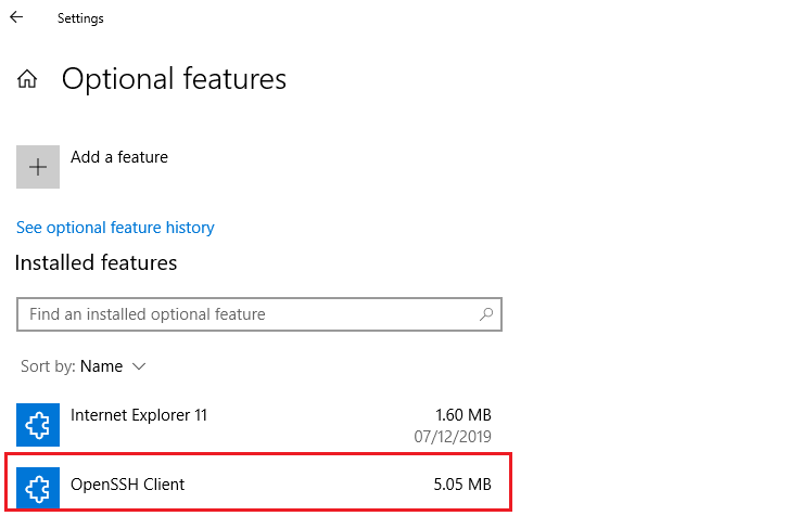 windows 10 optional feature - OpenSSH client 
