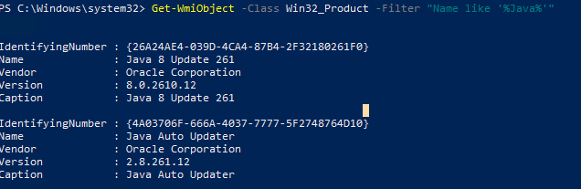 check installed java via Get-WmiObject -WMI Class Win32_Product 
