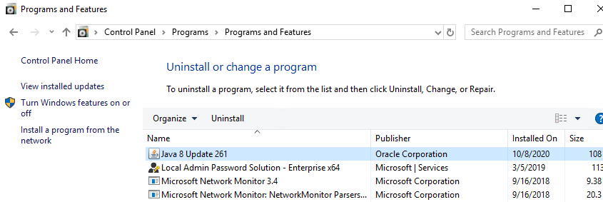 installed java in the list of programs on windows 10 