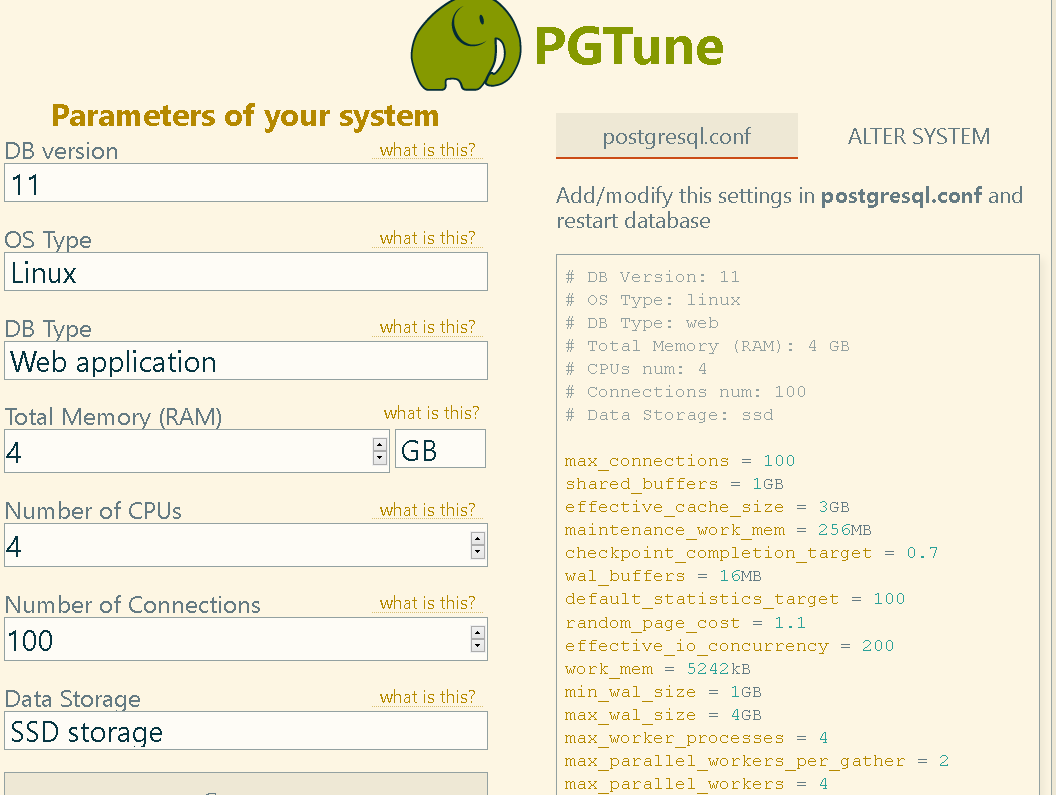 pgtune - generate postgresql.conf file for your task