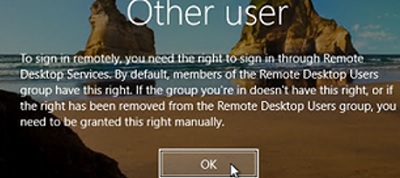 To sign in remotely, you need the right to sign in to Remote Desktop Services
