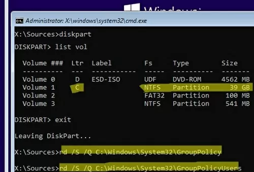 reset gpo setttings and remove registry.pol files in windows recovery environment