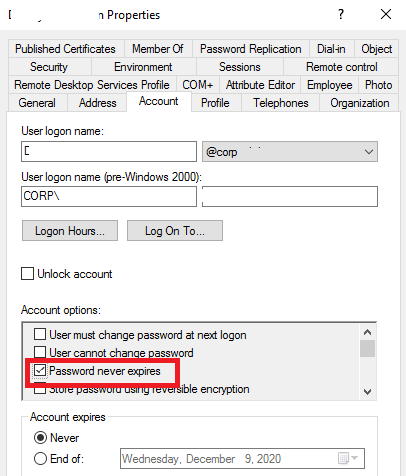 ADUC: user's option "Password never expires"
