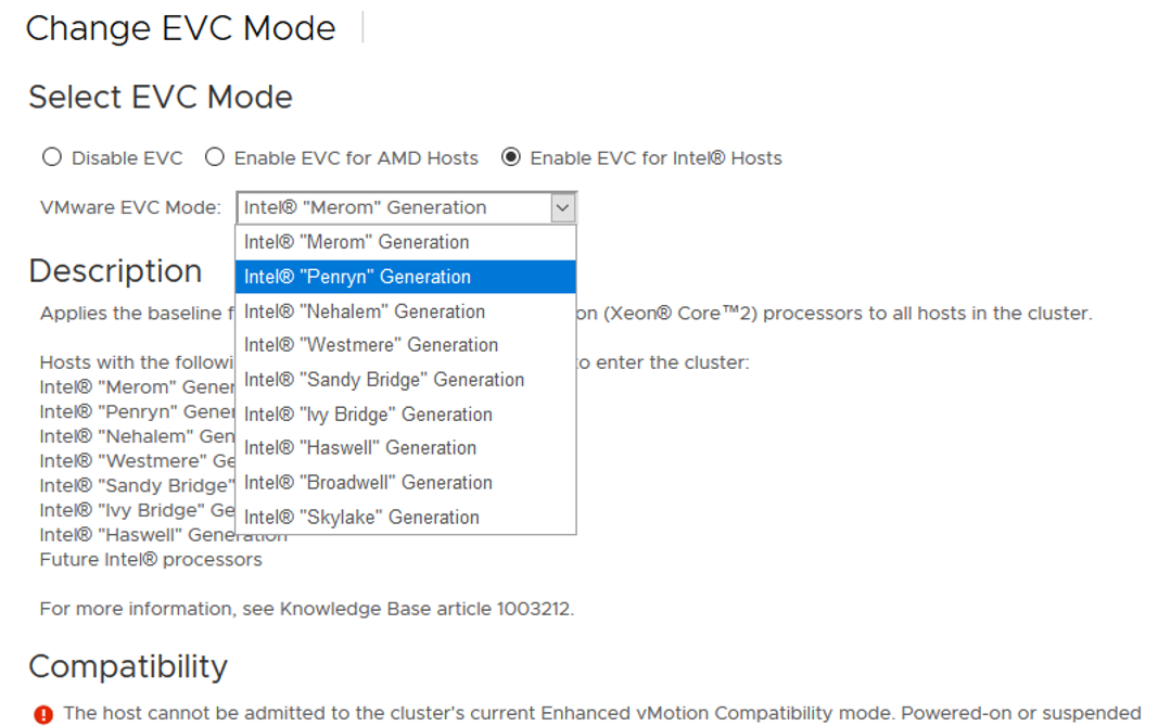 configure vmware evc mode - select CPU generation