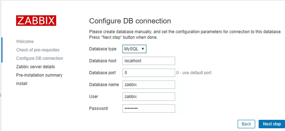 configure zabbix connection to mysql database