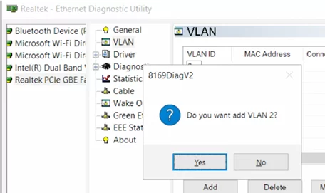create vlan on windows 10 using the Realtek Ethernet Diagnostic Utility