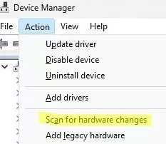 windows device manager: scan for hardware changes