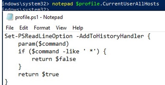 Don't save commands with front space in powershell history