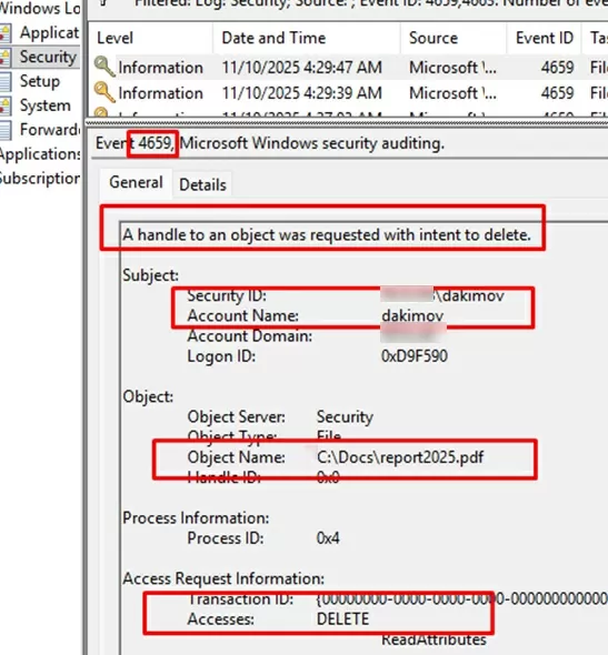 event ids 4659 and 4663: file deletion auditing