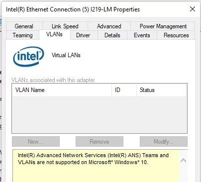 Intel(R) Advanced Network (Intel(R) ANS) Teams and VLANs are not supported on Microsoft Windows 10.