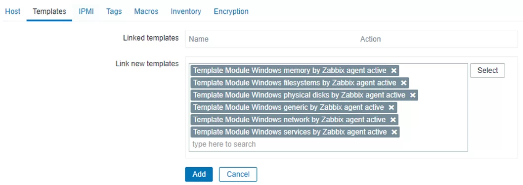 linking zabbix templates to host