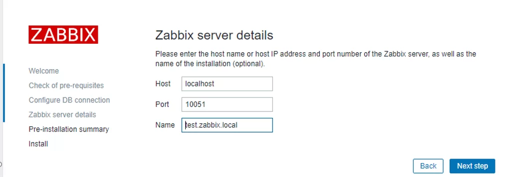 set zabbix server hostname and port 10051