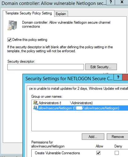 Allow to create vulnerable connections to netlogon using GPO