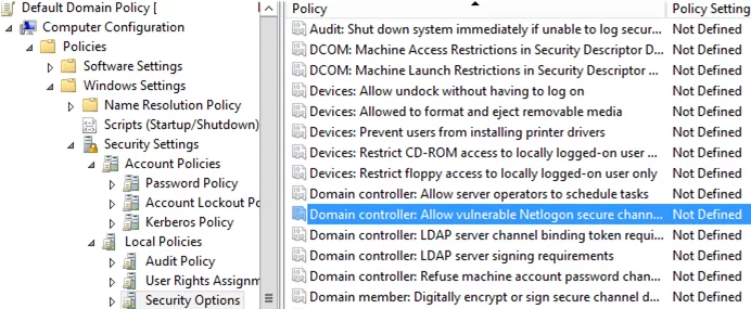 GPO: Domain controller: Allow vulnerable Netlogon secure channel connections 