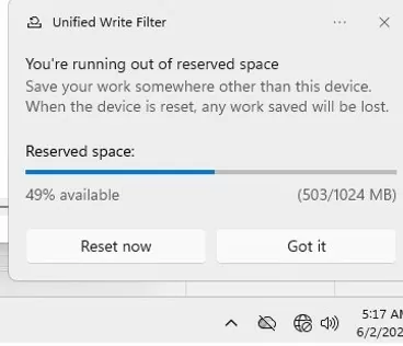 Unified write filter warning popup out of space