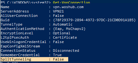 Get-VpnConnection - set SplitTunneling 