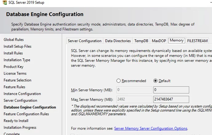 Microsoft SQL Server Server memory configuration options 