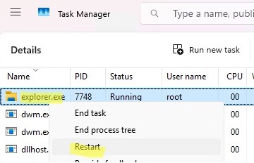 restart explorer process