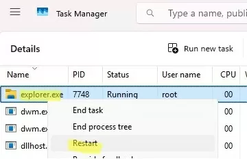 restart explorer process