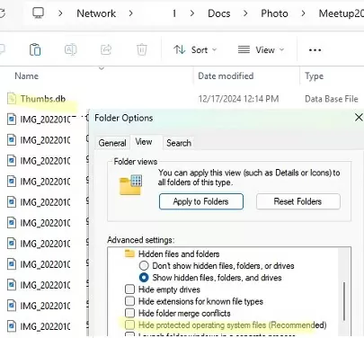show hidden thumbs.db file in shared folder