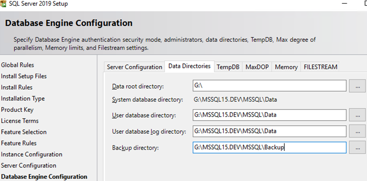 sql server 2019 setup set data directories