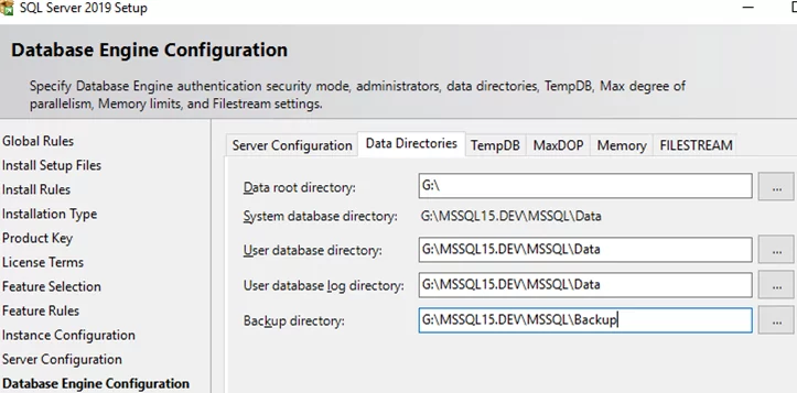 sql server 2019 setup set data directories