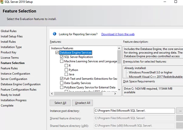 sql server - select features to install