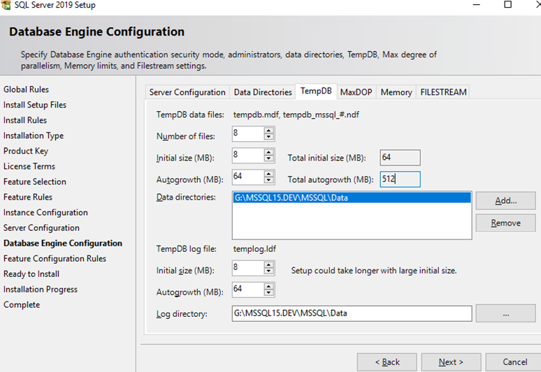 tempdb setting of sql server 2019 engine